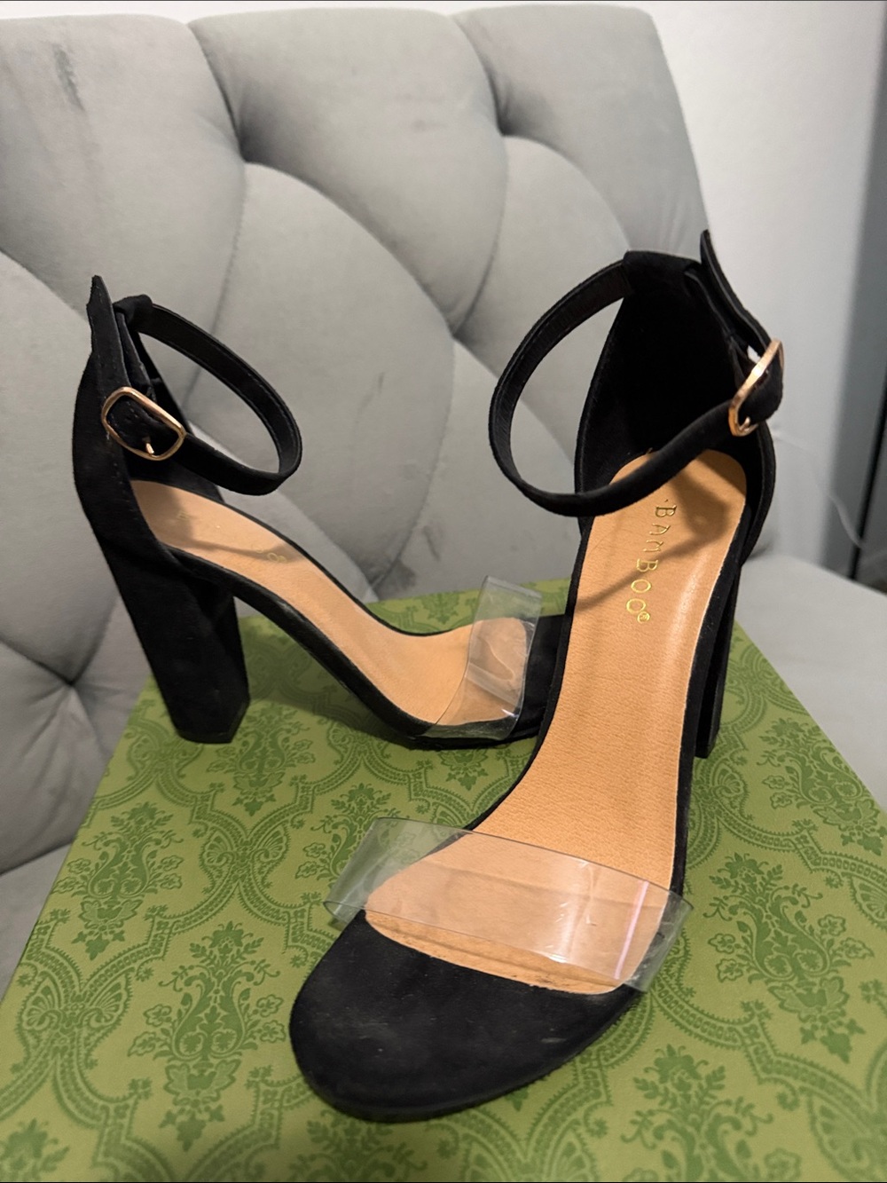 BAMBOO Black Clear-Strap Block Heel Sandals